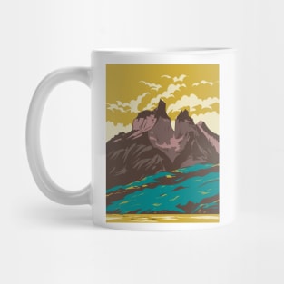 Torres Del Paine National Park from Lake Pehoe in Chile WPA Art Deco Poster Mug